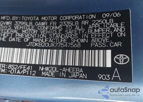 2007 Toyota Prius z USA, uszkodzony, nr VIN JTDKB20UX77547568